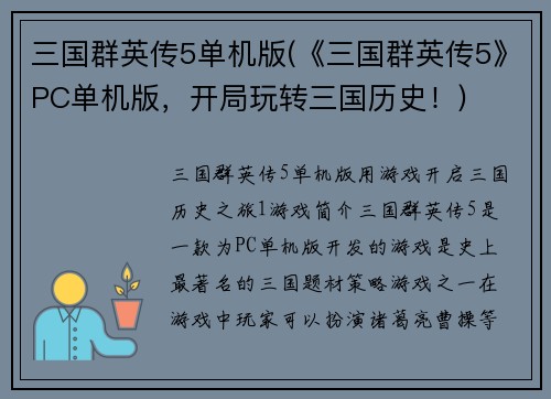 三国群英传5单机版(《三国群英传5》PC单机版，开局玩转三国历史！)