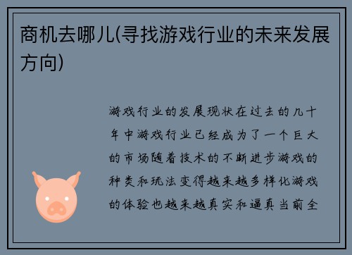 商机去哪儿(寻找游戏行业的未来发展方向)